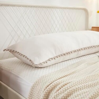 MOVE OVER Beige Body Pillow Cover 20x54 inches Long Pillowcases Pom Poms Fringe Design Boho Body Pillow Cover with Pocket Closure