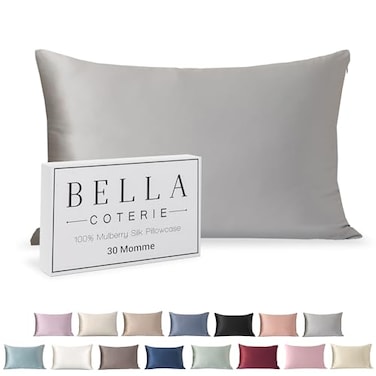 BC BELLA Bella Coterie Luxury Silk Pillowcase for Hair and Skin 30 Momme 100 Pure 6A Mulberry Silk Super Soft Perfectly Plush Standard Silver