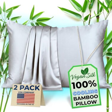 Vegan Silk Pillow Cases 100 Viscose Derived from Bamboo Cooling Pillowcase Standard Size Gray Set of 2 Zippered for Hot Sleepers Soft Pillow Covers by