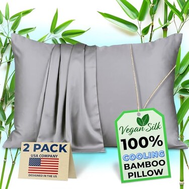 Vegan Silk Pillow Cases 100 Viscose Derived from Bamboo Cooling Pillowcase Queen Size Gray Set of 2 Zippered for Hot Sleepers Soft Pillow Covers by