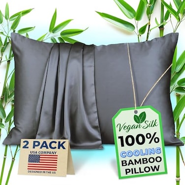 Vegan Silk Pillow Cases 100 Viscose Derived from Bamboo Cooling Pillowcase Standard Size Dark Gray Set of 2 Zippered for Hot Sleepers Soft Pillow Covers by