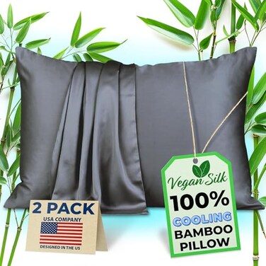 Vegan Silk Pillow Cases 100 Viscose Derived from Bamboo Cooling Pillowcase Queen Size Dark Gray Set of 2 Zippered for Hot Sleepers Soft Pillow Covers by
