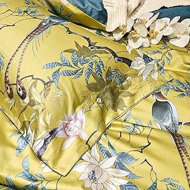 mixinni Queen Size Flowers and Birds Pattern Printed Gold Bed Pilowcase 100 Cotton Pillow Cover 20 x 26 Inches Set of 2 FullQueen 5209Pillowcases