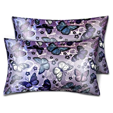 URLINENS Satin Pillowcase for Hair and Skin Soft Satin Pillow Cases Queen Size Pack of 2 Cooling Silk Satin Pillowcase Set with Envelope Closure 20x30 Purple Butterflies Flower