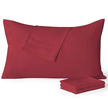 YIYEA Pillow Cases Queen Size Set of 4 Ultra Soft 1800TC Hotel Quality Double Brushed Microfiber Embroidered Pillowcases Envelope Closure Fade Resistant 20x30 Burgundy