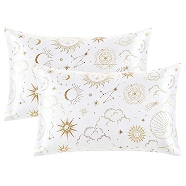 EXQ Home Satin Pillowcase Silky Satin Pillowcase for Hair and SkinSoft Cooling Printed Pillow Cases Queen Size Set of 2 Satin Pillow Case for Women with Envelope Closure White Moon20X30inch
