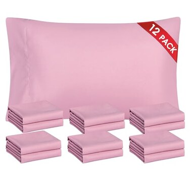 FreshCulture Dusty Pink Pillowcases Queen Size 12 Pack Bulk Pillowcase Set Envelope Closure Soft Brushed Microfiber Fabric 20x30 Inches Pillow Case Set of 12 for Home Hotels Schools