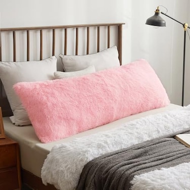 XeGe Cozy 20x54 Long Fluffy Body Pillow Cover Plush Fuzzy Faux Fur Body Pillowcase with Zipper Rectangular Furry Bed Pillow Sham for Pregnant Women Side Sleeper Shaggy Bedding Pillow Light Pink