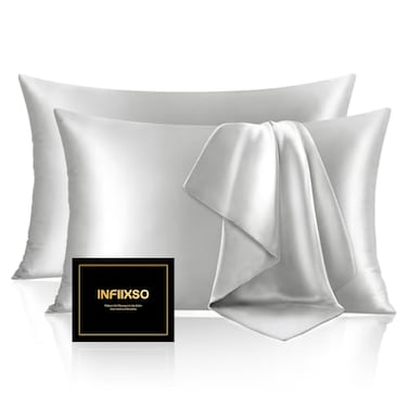 INFIIXSO Silk Pillow Cases 2 Pack Standard Size Ultra Smooth Soft Mulberry Silk Pillow Case for Hair and Skin Breathable Cooling Silk Pillowcase with Hidden Zipper Light Grey 20x26 Inches