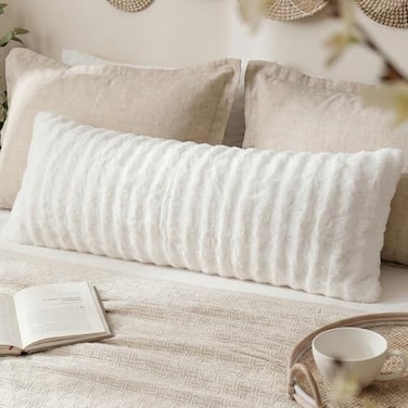 Chumerry Faux Fur Body Pillow Cover Super Soft Fuzzy Plush Bedding Pillow Long Pillowcases 1 Pieces Chic Striped Plaid Geometry Decorative White Body Pillowcase for Couch Bed 20 x 54 Inches
