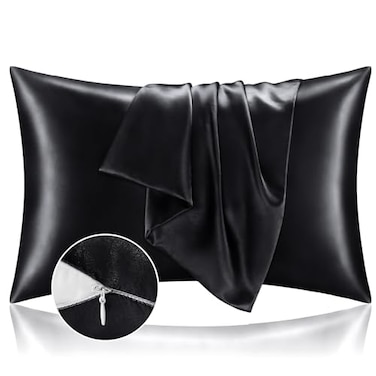 BEDELITE Satin Pillowcase with Zipper 2 Pack Black Pillow Cases Standard Size Super Soft and Cooling Similar to Silk Pillow Cases Gift for Women Men20x26 Inches
