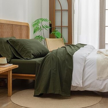 BESTOUCH Sheet Set 100 Washed Cotton Linen Feel Super Soft Comfortable Chic Lightweight 4 Pcs Home Bedding Set Solid Olive Green King