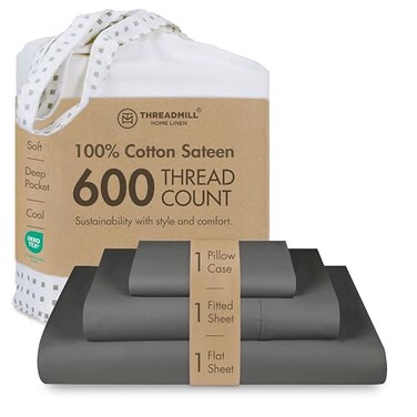 Threadmill Hotel Quality Luxury 600 Thread Count 100 Cotton Twin Size Sheets 3 Pc Sateen Weave Dark Grey Sheet Set Premium Soft Sheets with Elasticized Deep Pocket by