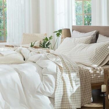 MooMee Gingham Sheet Set 100 Washed Cotton Linen Like Textured Breathable Soft w Fully Elasticized 1619 Deep Pocket Classic Gingham Almond Milk Grey Queen