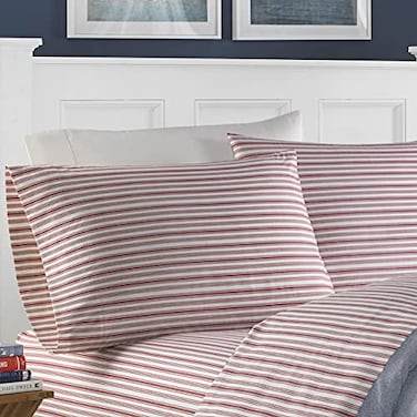 Nautica Queen Sheets Cotton Percale Bedding Set Casual Home Decor Coleridge Stripe Red Queen