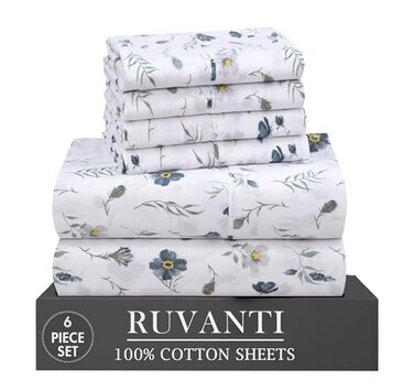RUVANTI 100 Cotton Percale Sheets Queen Size 6 Piece Set Cooling Bed Sheets for Hot Sleepers Deep Pocket 16 Breathable Lightweight Durable Crisp Hotel Style Sheets Coastal Blue