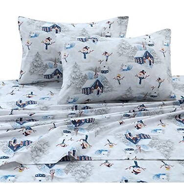 Tribeca Living Snowman Printed Flannel 170GSM Printed DP Sheet Set KING Navy Red