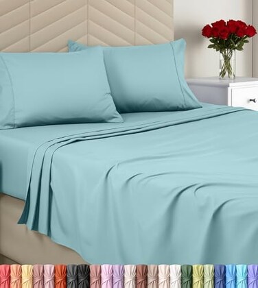 Utopia Bedding Queen Sheet Set Soft Microfiber 4 Piece Bed Sheets with 15 Deep Pocket Easy Care Brushed Microfiber Queen Spa Blue