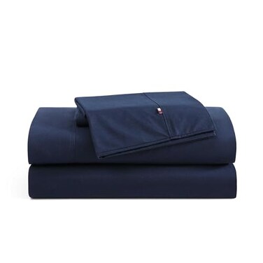 Tommy Hilfiger Queen Size Sheet Set Cool Crisp Cotton Percale Bedding with Matching Pillowcases Lightweight Breathable Bed Sheets Deep Pocket College Dorm Room Essentials Solid Navy