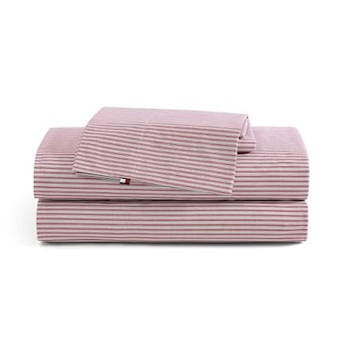 Tommy Hilfiger King Size Sheets Set Crisp Tailored Cooling Sheets with a Smooth Cotton Percale Lightweight Feel Bed Sheets with Matching Pillowcases Fitted Sheet Highland Ticking Stripe Red