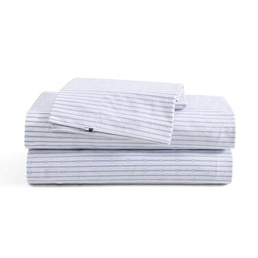 Tommy Hilfiger Sheet Set Cotton Percale Bedding with Matching Pillowcases Crisp Cool Premium Quality Home Essentials Monogram Stripe Blue Full