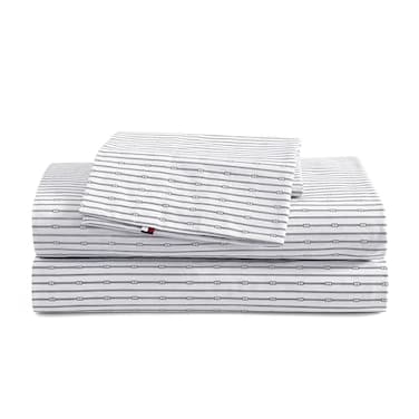Tommy Hilfiger Sheet Set Cotton Percale Bedding with Matching Pillowcases Crisp Cool Premium Quality Home Essentials Monogram Stripe Navy Queen