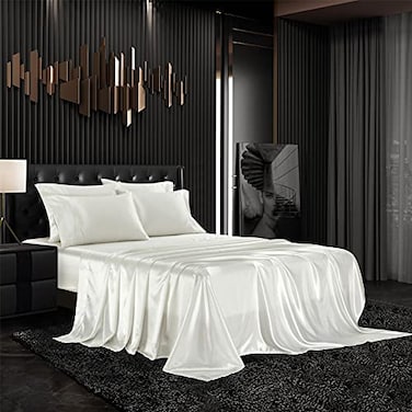 AiMay 6 Piece Satin Pillowcases Bed Sheet Set Deep Pocket Super Soft Luxury Rich Silk Silky Solid Color Reversible StainResistant Wrinkle Free California King Off White
