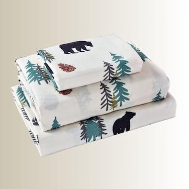AMAJY Rustic Style Woodland Bear Pine Tree Pinecone Ultra Soft Cabin Lodge Decor Bed Sheet and Pillowcase Set Queen US Standard