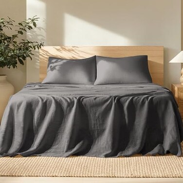 Bare Home Twin Extra Long Sheet Set Luxury 100 European Linen Deep Pockets Easy Fit 3 Piece Set Bedding Sheets Pillowcases Twin XL Dark Grey