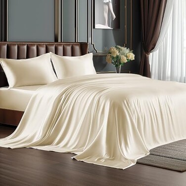 BEDELITE California King Sheets Set Luxury Soft Beige Satin Sheets for Hair and Skin Similar to Silk Bed Sheets Set 4 Pieces with 1 Deep Pocket Fitted Sheet 1 Flat Sheet and 2 Pillowcases