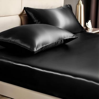 BEDELITE Satin Fitted Sheet and Pillowcase Set Luxury Soft Similar to Silk Bottom Bed Sheet with Elastic Corner Straps Deep Pocket up to 15 Inch 1 Fitted Sheet and 1 PillowcaseTwin Black