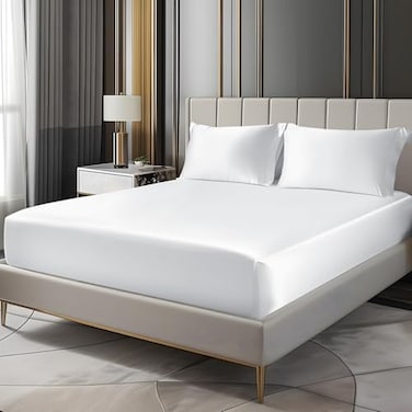 BEDELITE Satin Fitted Sheet and Pillowcases Set Luxury Soft Similar to Silk Bottom Bed Sheet with Elastic Corner Straps Deep Pocket up to 15 Inch 1 Fitted Sheet and 2 PillowcasesQueenWhite