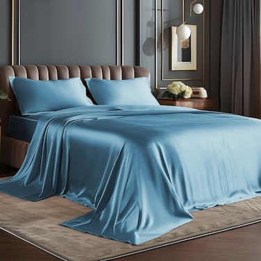 BEDELITE Satin Sheets Full Size Bed Set Luxury Soft Airy Blue Silky Sheets for Hair and Skin Similar to Silk Bed Sheets Set 4 Pieces with 1 Deep Pocket Fitted Sheet 1 Flat Sheet and 2 Pillowcases