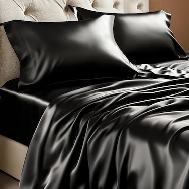 BEDELITE Satin Sheets Twin Size Bed Set Luxury Soft Black Silky Sheets for Hair and Skin Similar to Silk Bed Sheets Set 3 Pieces with 1 Deep Pocket Fitted Sheet 1 Flat Sheet and 1 Pillowcase