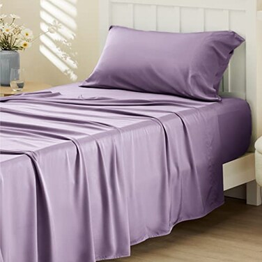 Bedsure Cooling Sheets Twin Rayon Derived from Bamboo PureWoven Breathable Soft Twin Sheets Set Deep Pocket Up to 16 Inches Hotel Luxury Silky Bedding for Hot Sleepers Lilac