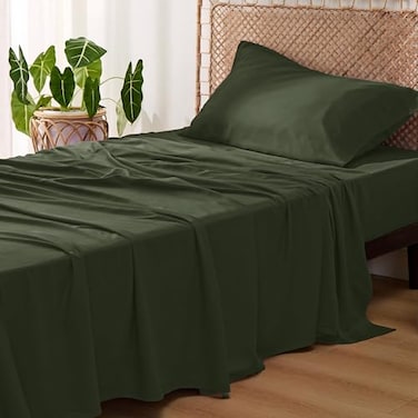 Bedsure Cooling Sheets Twin XL Rayon Derived from Bamboo PureWoven Breathable Soft Twin XL Sheet Sets Deep Pocket Up to 16 Inches Hotel Luxury Silky Dorm Bedding for Hot Sleepers Olive Green