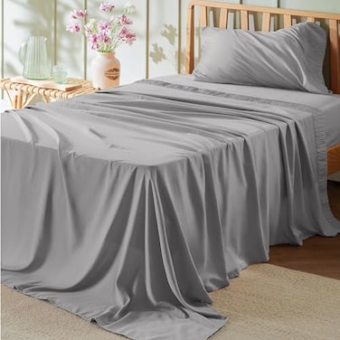 Bedsure Twin Sheets Set 3 Pieces Soft Twin Bed Sheets Breathable Cooling Hotel Luxury Easy Care Polyester Microfiber Bedding for Kids Women Men Grey