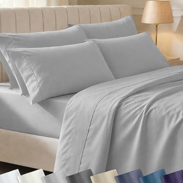 California Design Den 6Pc Queen Size Sheet Set with 4 Pillowcases 400 Thread Count 100 Cotton Sheets Sateen Weave Deep Pocket Bedsheets Set Light Grey