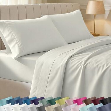 California Design Den Soft 100 Cotton King Sheet Set 400 Thread Count Good Housekeeping Award Winner Silky Sateen Weave with Deep Pockets Long Staple Cotton Bed Sheet Set Ivory Pale Tone