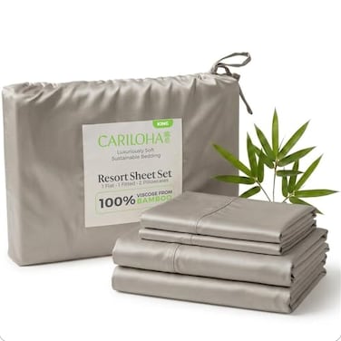 Cariloha Resort 4Piece Sateen Sheet Set Harbor Gray King Viscose Material Allergy Resistant Naturally ThermalRegulating Extra Soft Cooling Sheets for Hot Sleepers