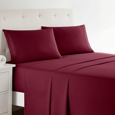 Clara Clark Bed Sheets Premier 1800 Series 4 Piece Bed Sheet Set Deep Pocket Wrinkle Fade Stain Resistant Luxury Soft Bedding Sheets Pillowcases California King Burgundy Red