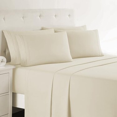 Clara Clark Cal King Sheets 6 Piece Set Hotel Luxury Sheets for Cal King Size Bed Super Soft Bedding Set Cal King Size Beige Cream