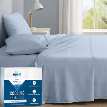 Degrees of Comfort Coolmax Cooling Bed Sheets Queen Size for Hot Sleepers Moisture Wicking Sheet Set for Night Sweats Deep Pocket Ultra Soft Cozy for All Seasons Light Blue 4 Pieces