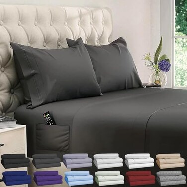 DREAMCARE Twin XL Sheet Sets 4 pcs Breathable Cooling Sheets up to 21 Deep Pocket Twin XL Sheets Set with Side Pockets Extra Soft 100 Brushed Hypoallergenic Hotel Luxury Bedding Gray