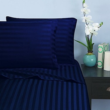 Elegant Comfort 1500 Premier Damask Stripes Hotel Quality Luxurious Silky Soft Wrinkle Fade Resistant 4 pc Sheet Set Deep Pocket Up to 16 King Navy