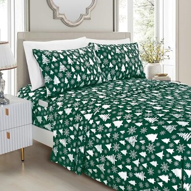 Elegant Comfort Luxury Soft Bed Sheets Holiday Pattern 1500 Premium Hotel Quality Microfiber Softness Wrinkle and Fade Resistant 6Piece Bedding Set King Hunter Green Christmas Tree