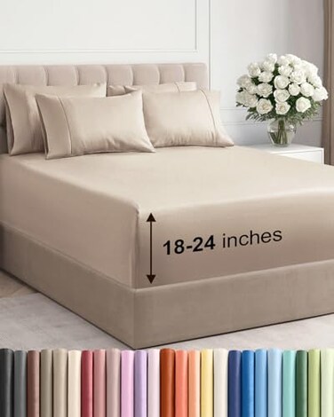 CGK Unlimited Extra Deep Cal King Sheet Set 6 Piece Breathable and Cooling Sheets Hotel Luxury Bedding for Women Men Kids Teens Easy Secure Fit Soft Wrinkle Free and Comfy Extra Deep Pockets Wheat