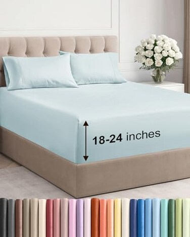 CGK Unlimited Extra Deep King Sheet Set 4 Piece Breathable Cooling Bed Sheets Easily Fits 18 to 24 inch Mattress Ultra Soft Wrinkle Fade Free w Extra Deep Pockets Comfy Hotel Luxury Bedding Ice Blue