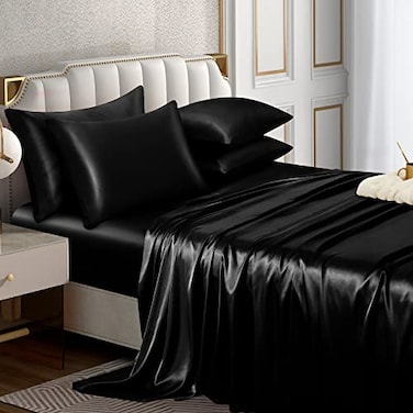 Horbaunal 6 Piece Satin Sheet Set King Size Luxury Silky Soft Black Satin King Bed Sheet Set with 16 Deep Pocket 1 Fitted Sheet 1 Flat Sheet 4 Pillowcases