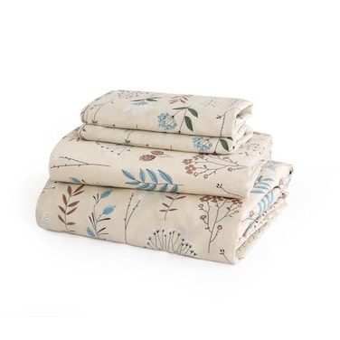 JSD Beige Floral Cotton Queen Sheet Set 300 Thread Count Sateen Sheets Soft Breathable Silky Deep Pocket OekoTex Certified